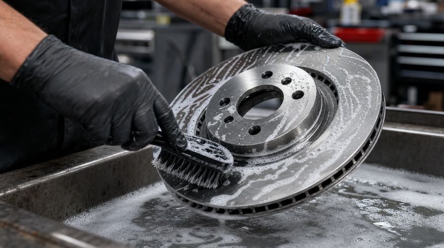 Washing a new rotor with soapy water and a brush