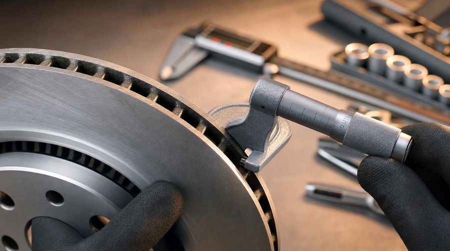 Micrometer measuring brake rotor thickness