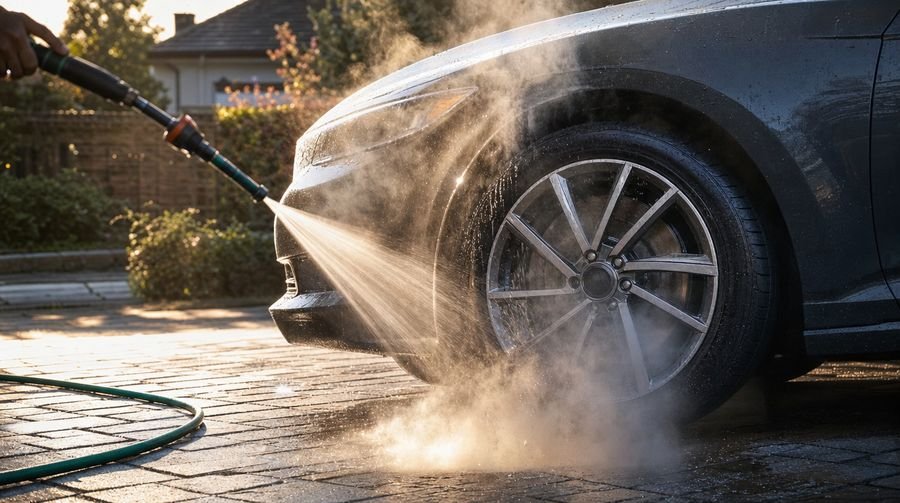 Steam rising from a hot wheel hit by wash water