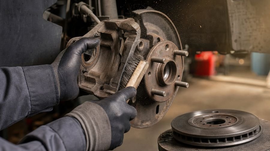 Cleaning a brake caliper and hub with a wire brush
