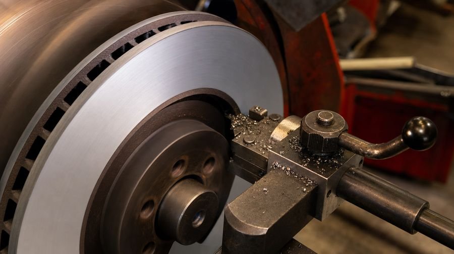 Brake lathe resurfacing a rotor