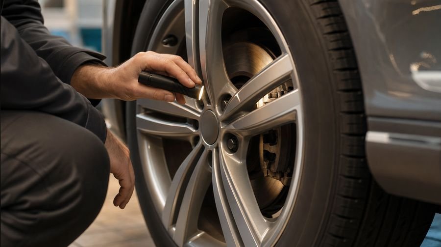 Inspecting brake pad thickness through the wheel spokes